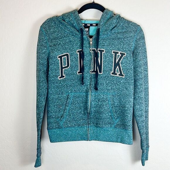 VS Pink Teal Full Zip Hoodie Sweatshirt Logo Graphic Long Sleeve Casual Small - Picture 1 of 16